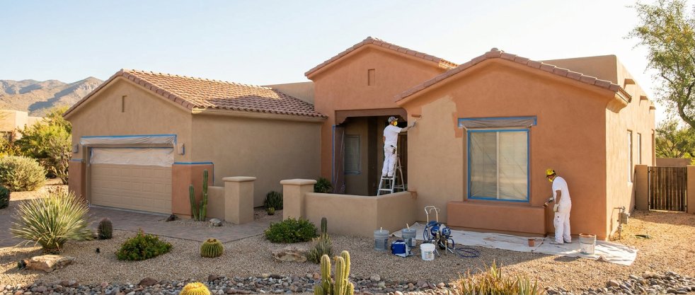 Contractors painting a stucco house exterior in a desert Arizona neighborhood