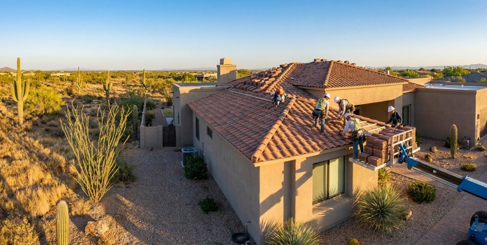 Roofers replacing a tile roof on a desert home in Arizona under clear blue sky